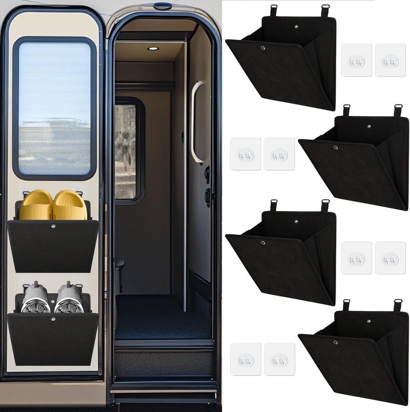 PUGPIU Rv Camper Shoe Storage 4 Pack, Foldable Wall Mounted Shoe Rack Organizer, Self-Adhesive Rv Shoe Holder, Space Saving for Camper Essential Home Travel Storage, with Deep Pocket Fit 1 Pair Shoes, Black - Image 1